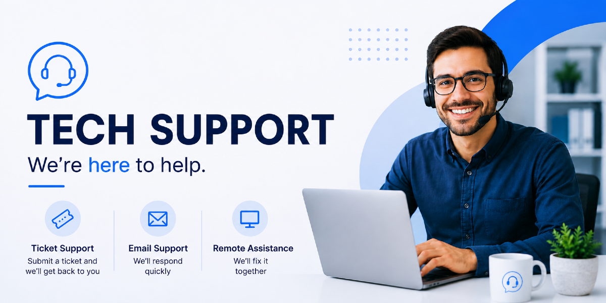 Infusion Peak Hosting tech support banner featuring a friendly support specialist providing ticket support, email support, and remote assistance for web hosting and VPS customers.